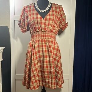 Unique Vintage Rust Red & Green Plaid Smoked Flare Dress. Size XL/14